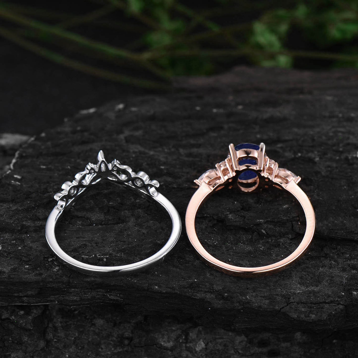 Oval cut Tanzanite ring vintage Tanzanite engagement ring set solid 14k rose gold art deco diamond ring for women unique promise ring set