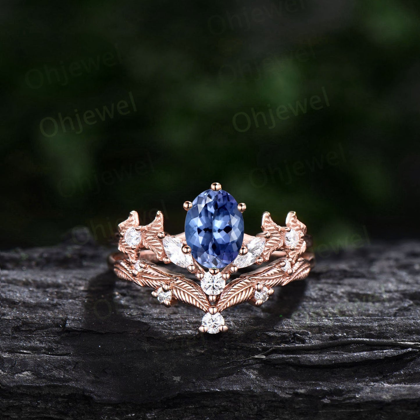 Twig oval cut natural Tanzanite engagement ring set rose gold branch leaf diamond ring art deco unique promise wedding ring set for women