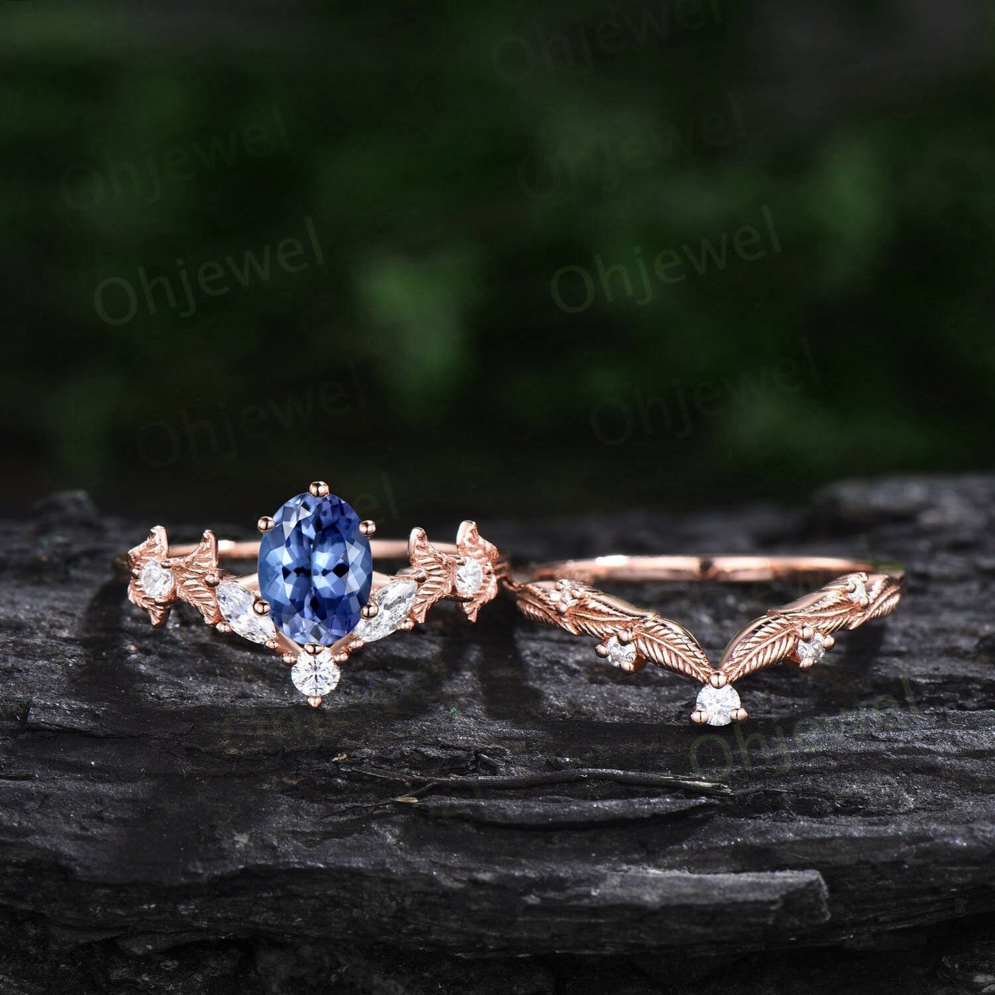Twig oval cut natural Tanzanite engagement ring set rose gold branch leaf diamond ring art deco unique promise wedding ring set for women