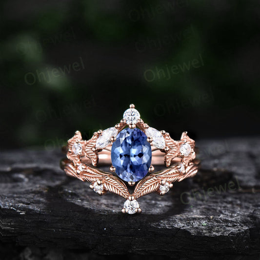 Twig oval cut natural Tanzanite engagement ring set rose gold branch leaf diamond ring art deco unique promise wedding ring set for women