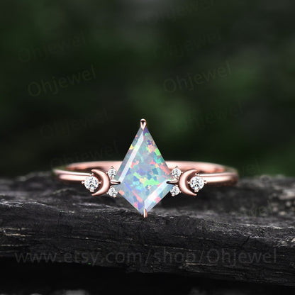 Opal ring vintage kite cut white opal engagement ring set rose gold moon ring set cluster diamond ring unique anniversary ring women gift