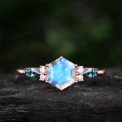 Vintage hexagon cut moonstone engagement ring 14k rose gold 6 prong marquise cut ring dainty moissanite ring women anniversary ring gift