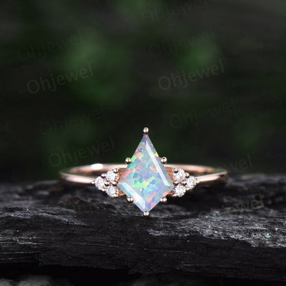 White opal ring dainty kite cut opal engagement ring set solid 14k rose gold 6 prong diamond ring Minimalist unique anniversary ring women