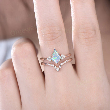 White opal ring dainty kite cut opal engagement ring set solid 14k rose gold 6 prong diamond ring Minimalist unique anniversary ring women