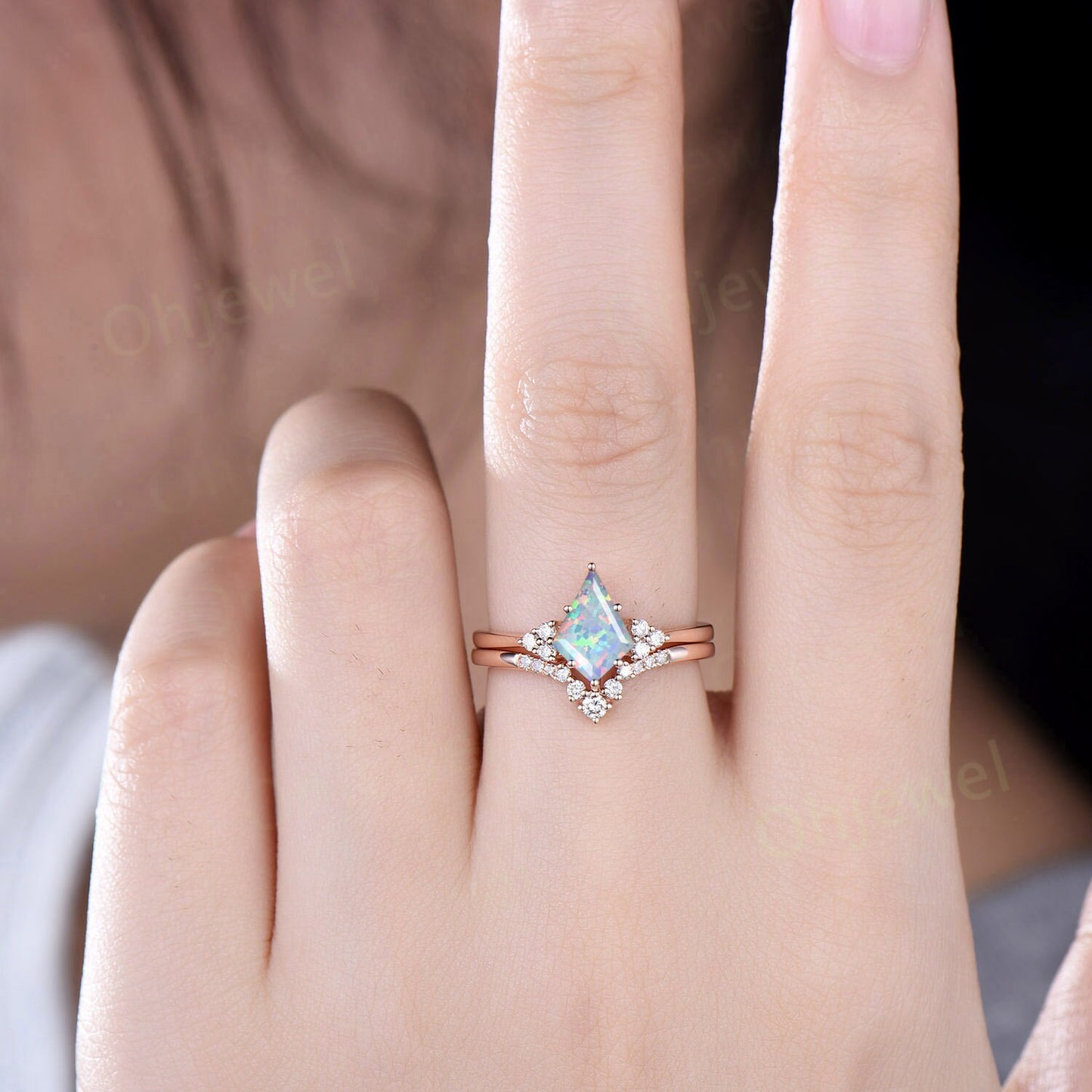 White opal ring dainty kite cut opal engagement ring set solid 14k rose gold 6 prong diamond ring Minimalist unique anniversary ring women