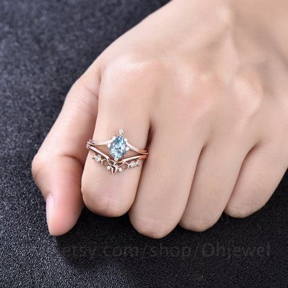 Pear shaped aquamarine engagement ring set 14k rose gold milgrain moissanite ring for women march birthstone norse viking ring Jewelry