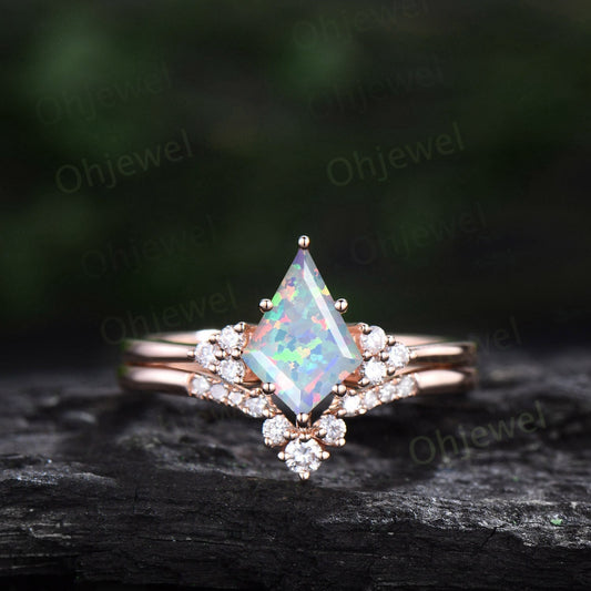 White opal ring dainty kite cut opal engagement ring set solid 14k rose gold 6 prong diamond ring Minimalist unique anniversary ring women