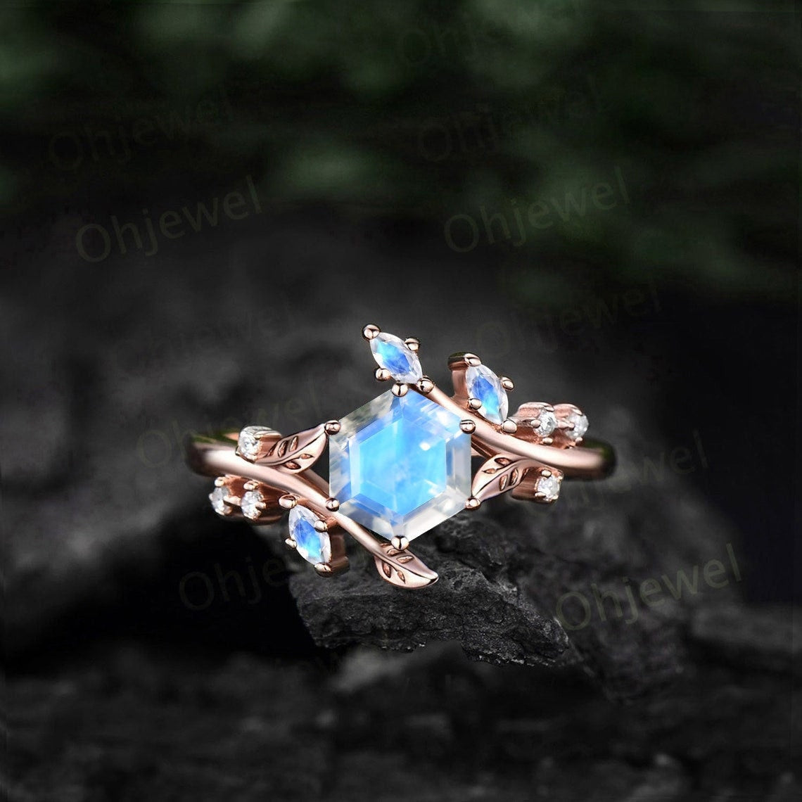 Twig Hexagon cut moonstone engagement ring Nature inspired rose gold ring leaf marqusie moonstone ring women unique anniversary ring gift