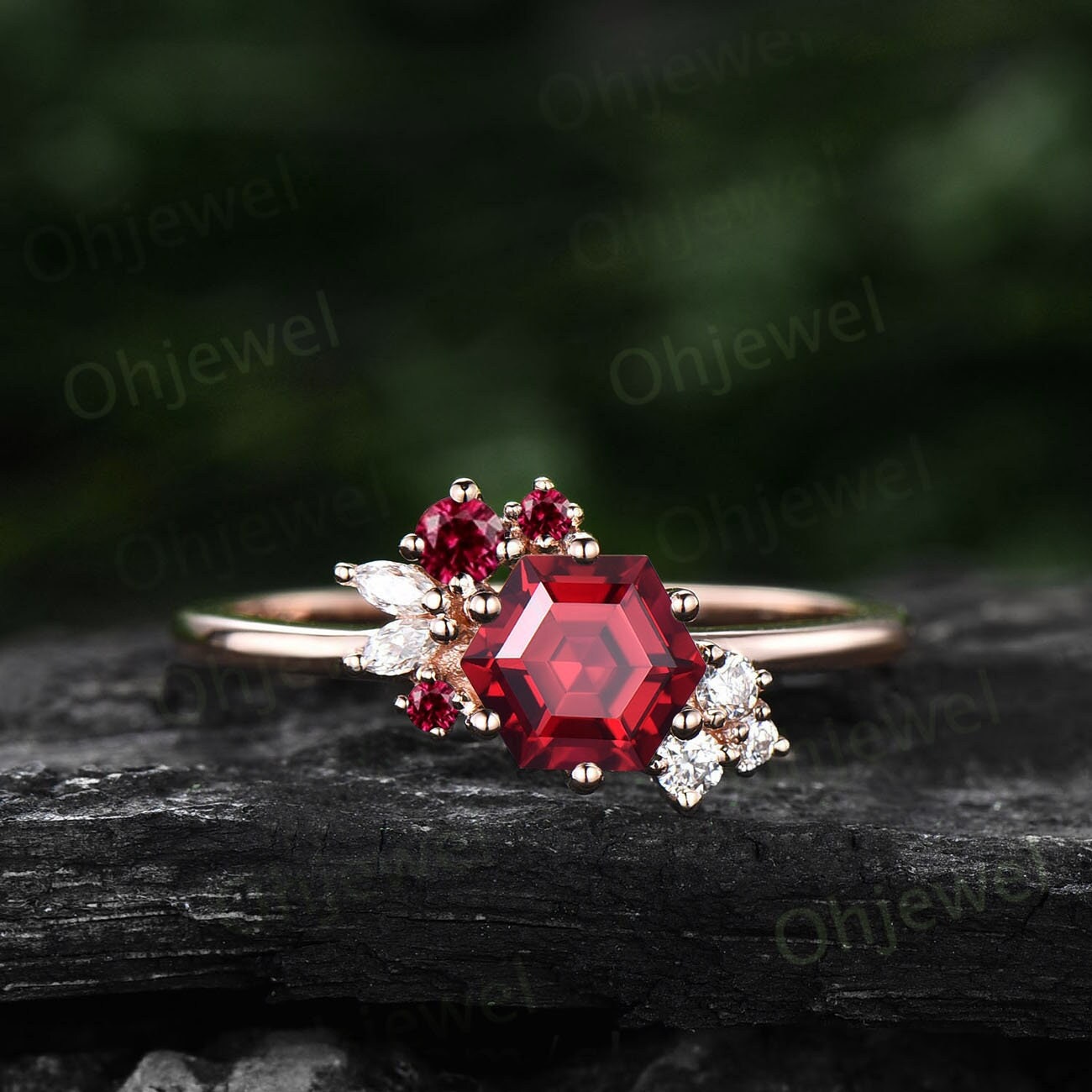 Hexagon cut red ruby ring gold silver for women vintage unique ruby engagement ring cluster art deco diamond bridal wedding ring women gift