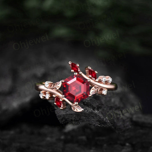 Hexagon cut red ruby engagement ring solid 14k rose gold branch leaf twig diamond ring vintage marquise cut natural ruby ring women jewelry
