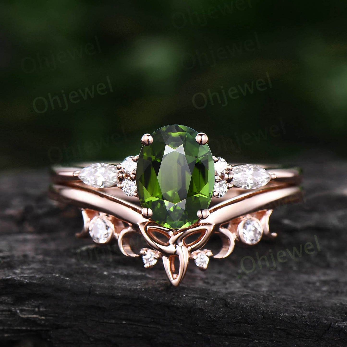 Vintage Oval cut green tourmaline ring unique engagement ring set 14k rose gold diamond ring women Celtic knot Norse Viking ring Jewelry