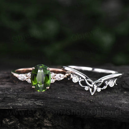Vintage Oval cut green tourmaline ring unique engagement ring set 14k rose gold diamond ring women Celtic knot Norse Viking ring Jewelry