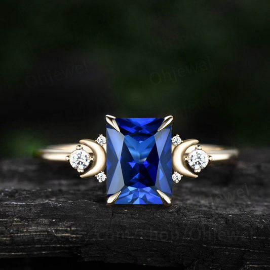 Vintage emerald cut blue sapphire ring unique sapphire engagement ring yellow gold moon ring cluster diamond promise anniversary ring women