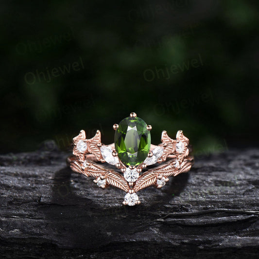 Twig oval cut green tourmaline engagement ring set 14k rose gold branch leaf diamond ring art deco unique promise wedding ring set for women