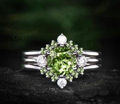 Round cut peridot ring three stone peridot engagement ring set solid 14k rose gold Minimalist moissanite ring for women wedding bridal set