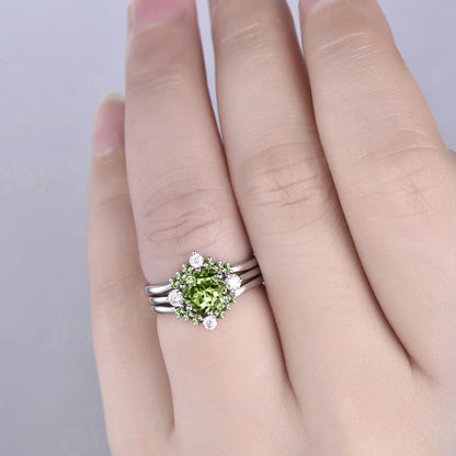 Round cut peridot ring three stone peridot engagement ring set solid 14k rose gold Minimalist moissanite ring for women wedding bridal set