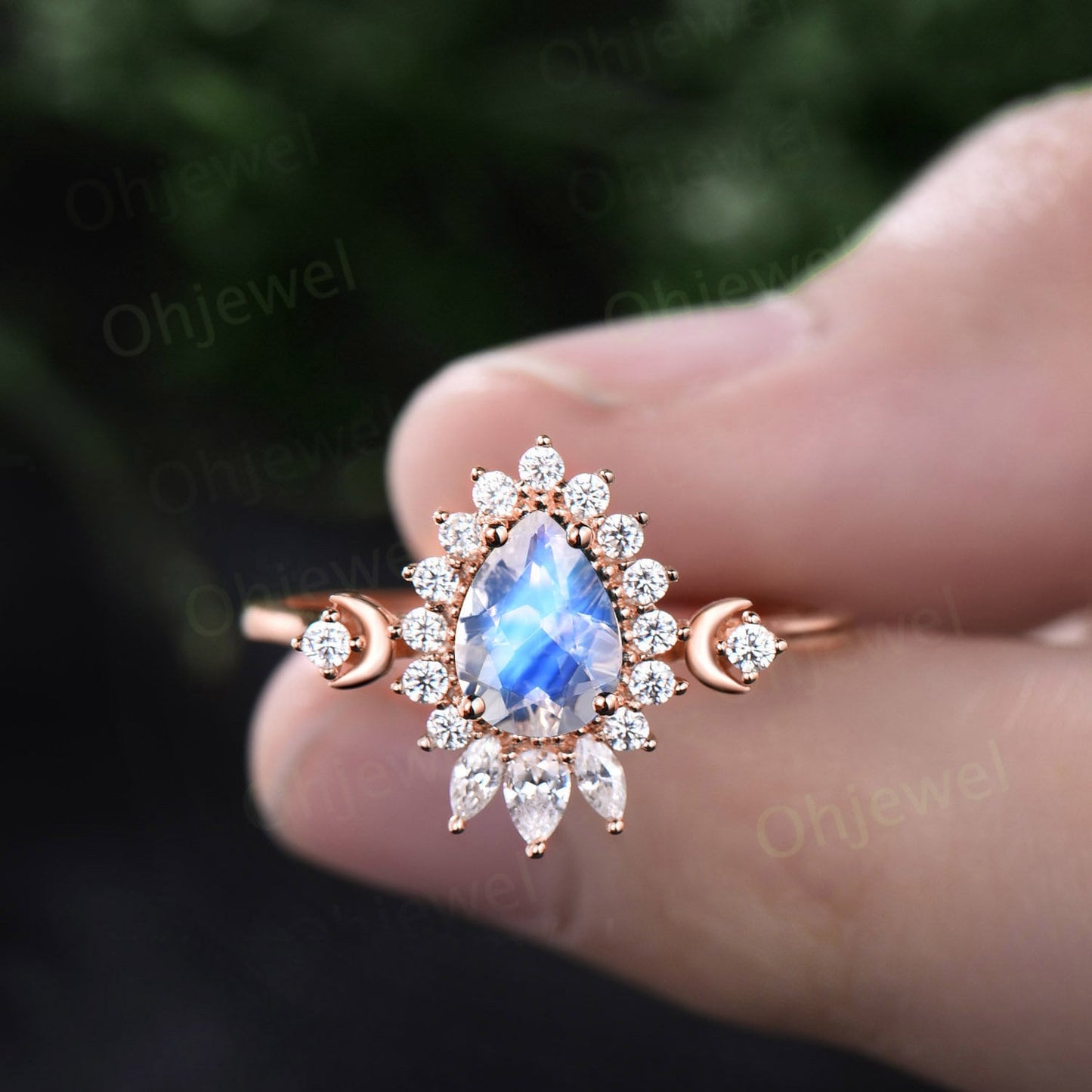 Dainty pear shaped moonstone ring unique engagement ring art deco rose gold vintage style ring halo moissanite anniversary ring women gift