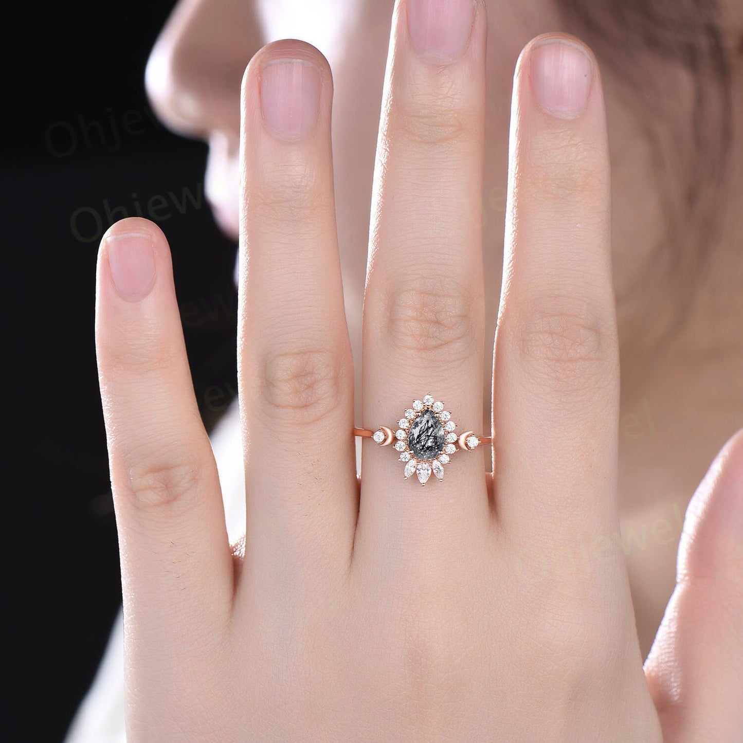 Dainty pear shaped black rutilated quartz ring unique engagement ring rose gold vintage style ring halo moissanite anniversary ring women