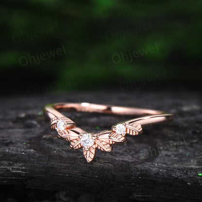 Leaf twig diamond wedding band three stone 14k rose gold ring stacking nature inspired  curved moissanite wedding ring band women gift