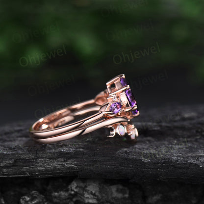 Pear shaped Amethyst ring vintage unique Amethyst engagement ring set cluster rose gold opal ring leaf Celtic knot wedding ring set women
