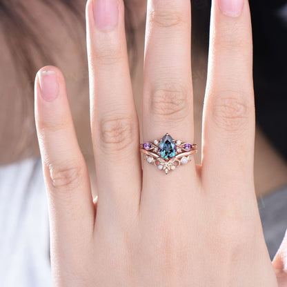 Pear shaped Alexandrite ring vintage unique Alexandrite engagement ring cluster rose gold opal ring leaf Celtic knot wedding ring set women
