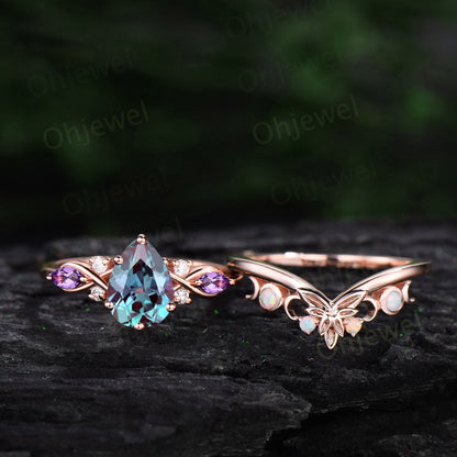 Pear shaped Alexandrite ring vintage unique Alexandrite engagement ring cluster rose gold opal ring leaf Celtic knot wedding ring set women