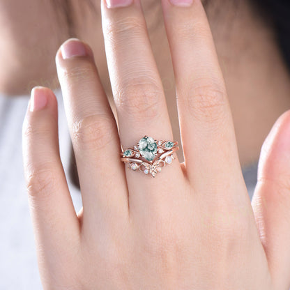 Pear shaped green moss agate ring vintage unique engagement ring art deco rose gold leaf moon opal ring women twisted promise ring set gift