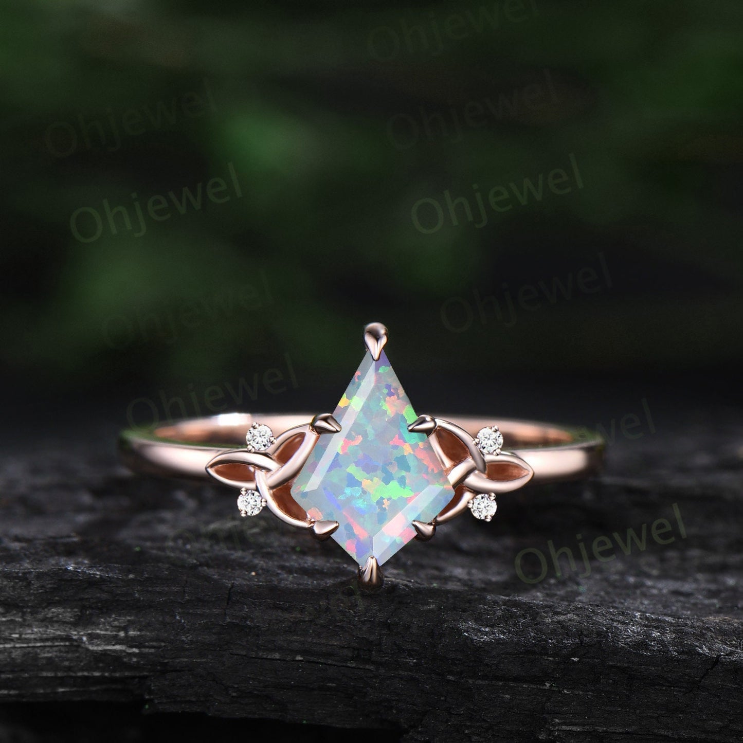 White opal ring women vintage Kite cut opal engagement ring Celtic Knot rose gold five stone cluster diamond ring unique promise ring set
