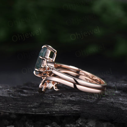 White opal ring women vintage Kite cut opal engagement ring Celtic Knot rose gold five stone cluster diamond ring unique promise ring set