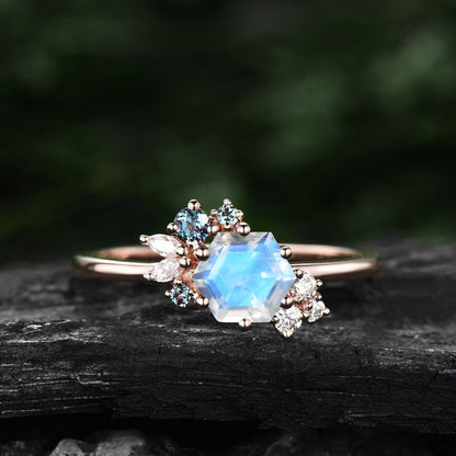 Hexagon cut Moonstone ring vintage unique Moonstone engagement ring rose gold dainty cluster art deco alexandrite wedding ring women gift