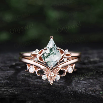 Green moss agate ring women vintage Kite cut moss agate engagement ring Celtic Knot rose gold cluster diamond ring unique promise ring set