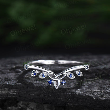 Sapphire wedding band 14k white gold natural sapphire ring Celtic knot art deco Milgrain wedding ring band women anniversary ring gift