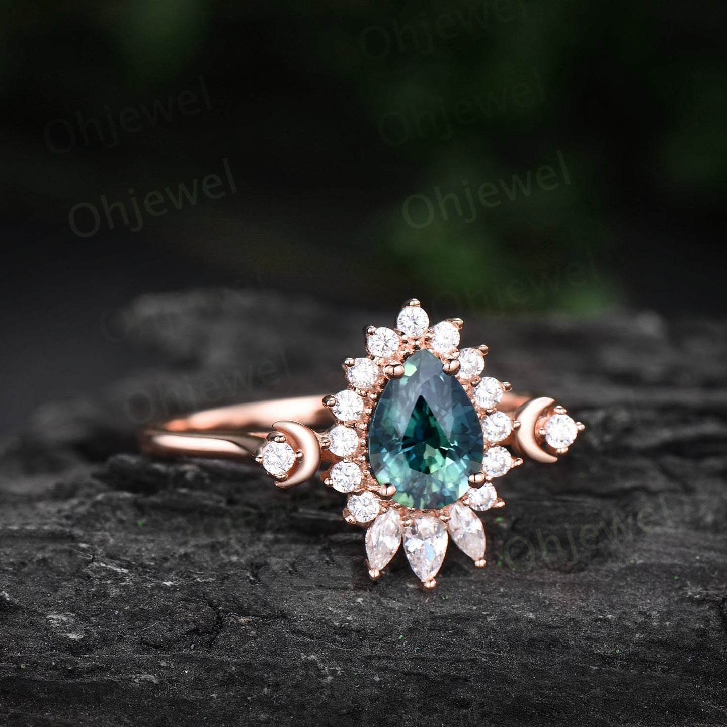 Dainty pear shaped green teal sapphire ring unique engagement ring rose gold vintage style ring halo moissanite anniversary ring women gift