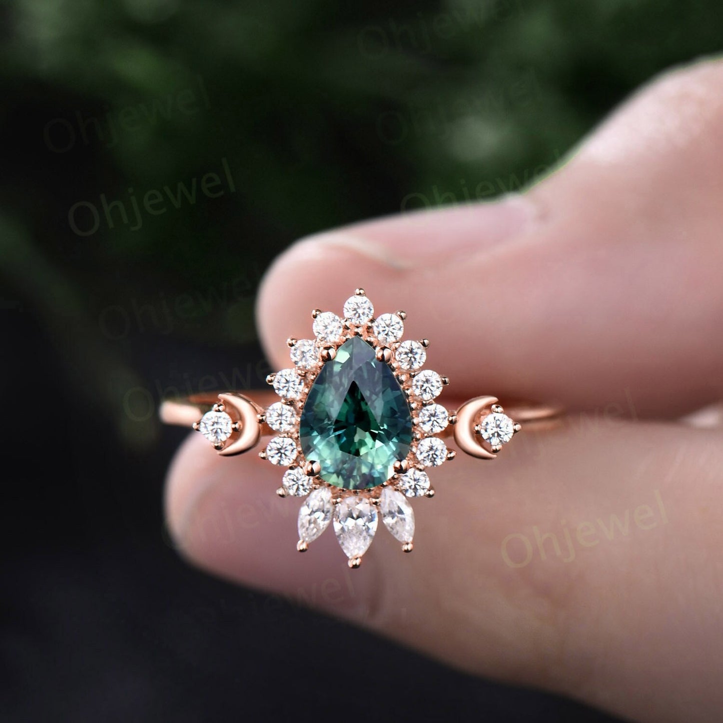 Dainty pear shaped green teal sapphire ring unique engagement ring rose gold vintage style ring halo moissanite anniversary ring women gift