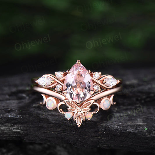 Pear shaped pink morganite ring vintage morganite engagement ring Twisted art deco rose gold ring leaf Celtic knot anniversary ring women