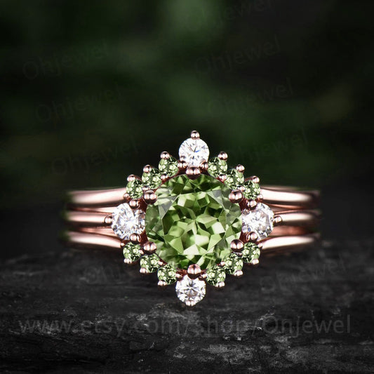 Round cut peridot ring three stone peridot engagement ring set solid 14k rose gold Minimalist moissanite ring for women wedding bridal set