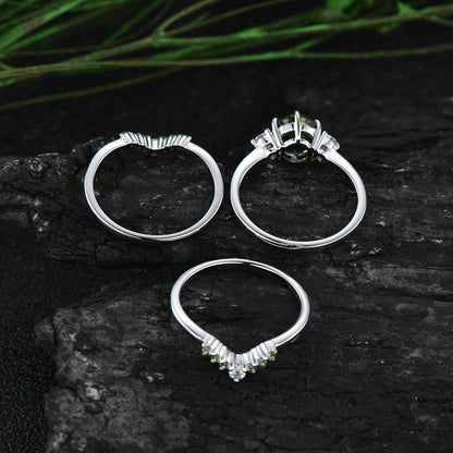 Round cut peridot ring three stone peridot engagement ring set solid 14k rose gold Minimalist moissanite ring for women wedding bridal set