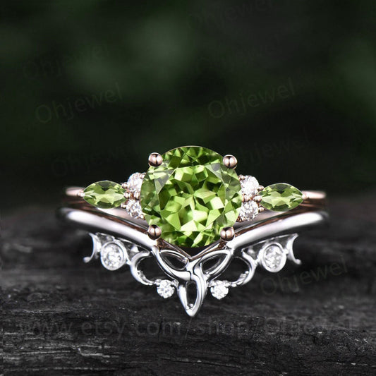 Round cut peridot ring vintage peridot engagement ring set solid 14k rose gold art deco moissanite ring for women wedding bridal ring set