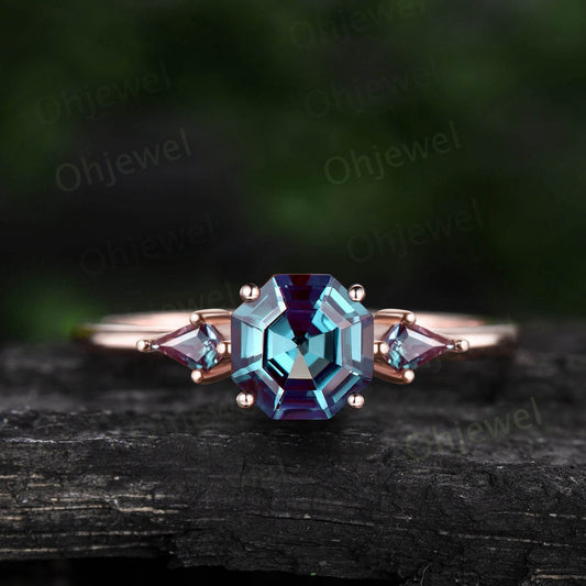 Octagon cut Alexandrite ring three stone rose gold ring kite cut Alexandrite ring dainty unique engagement ring anniversary ring for women