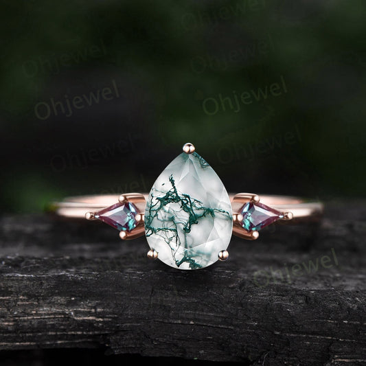Pear shaped green moss agate ring three stone 14k rose gold ring kite cut Alexandrite ring dainty unique engagement ring women promise ring