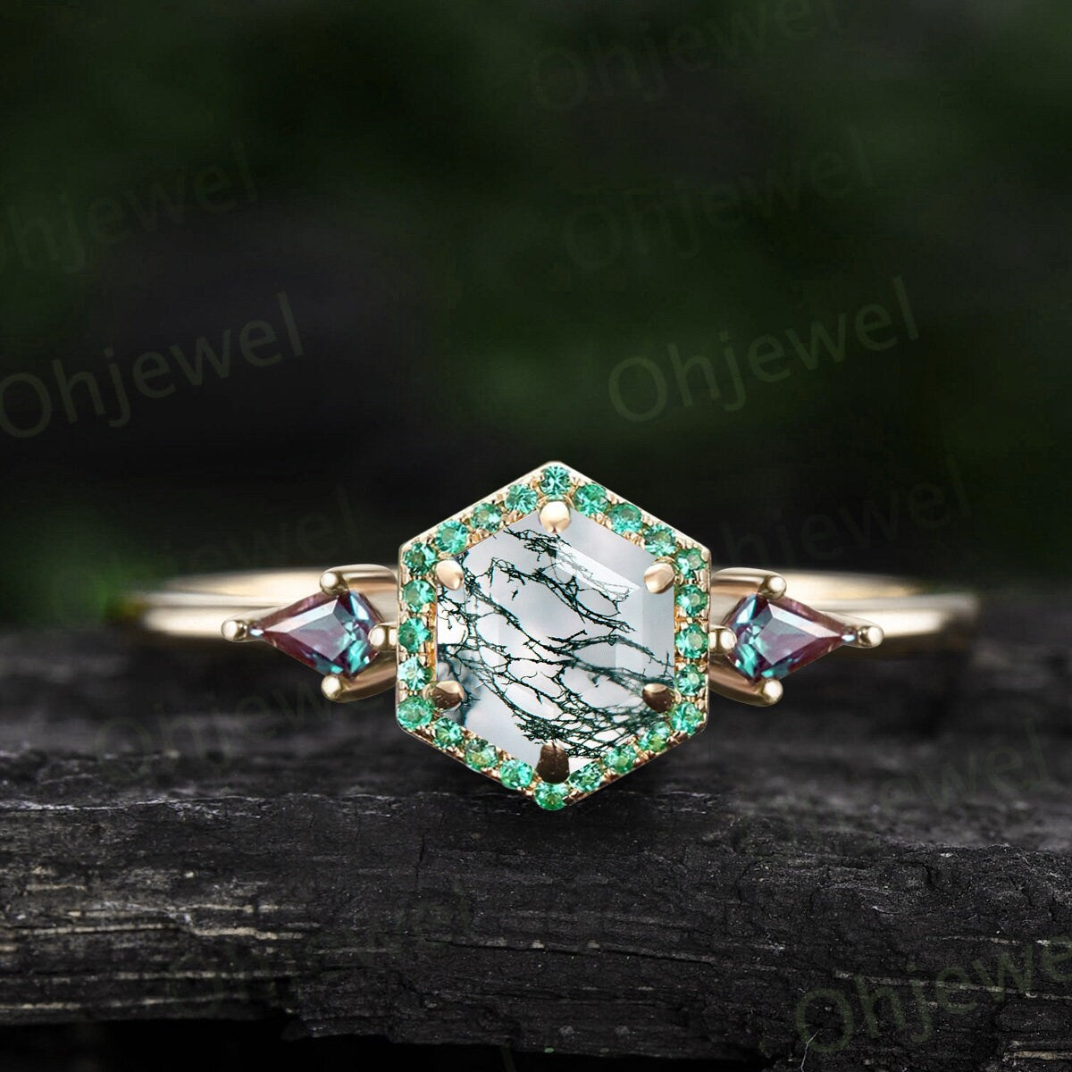 Hexagon cut green moss agate ring rose gold halo emerald ring vintage kite cut alexandrite ring women unique engagement ring gemstone ring