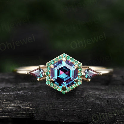 Hexagon cut Alexandrite ring rose gold halo emerald ring vintage kite cut alexandrite ring women unique engagement ring gemstone ring Gift