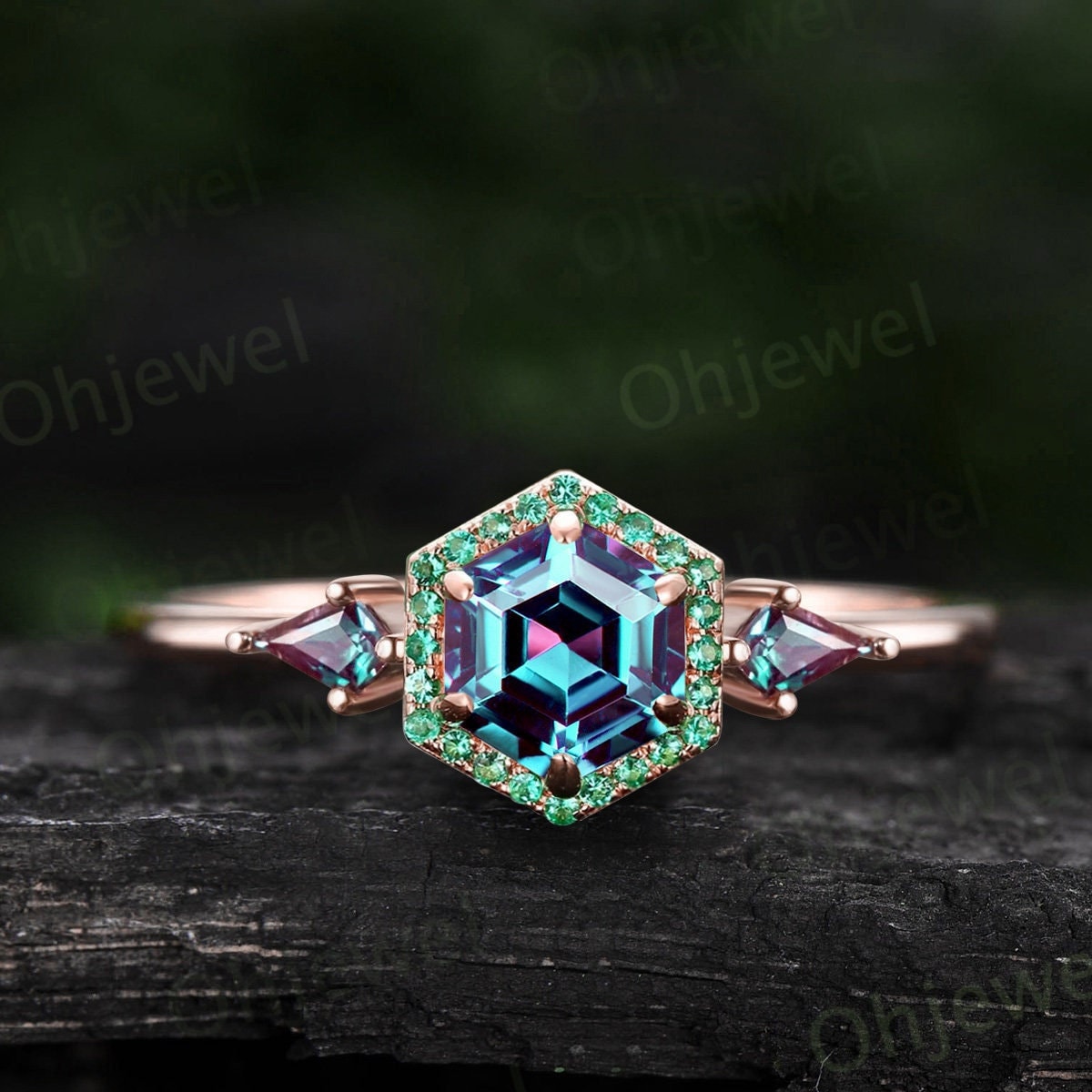 Hexagon cut Alexandrite ring rose gold halo emerald ring vintage kite cut alexandrite ring women unique engagement ring gemstone ring Gift