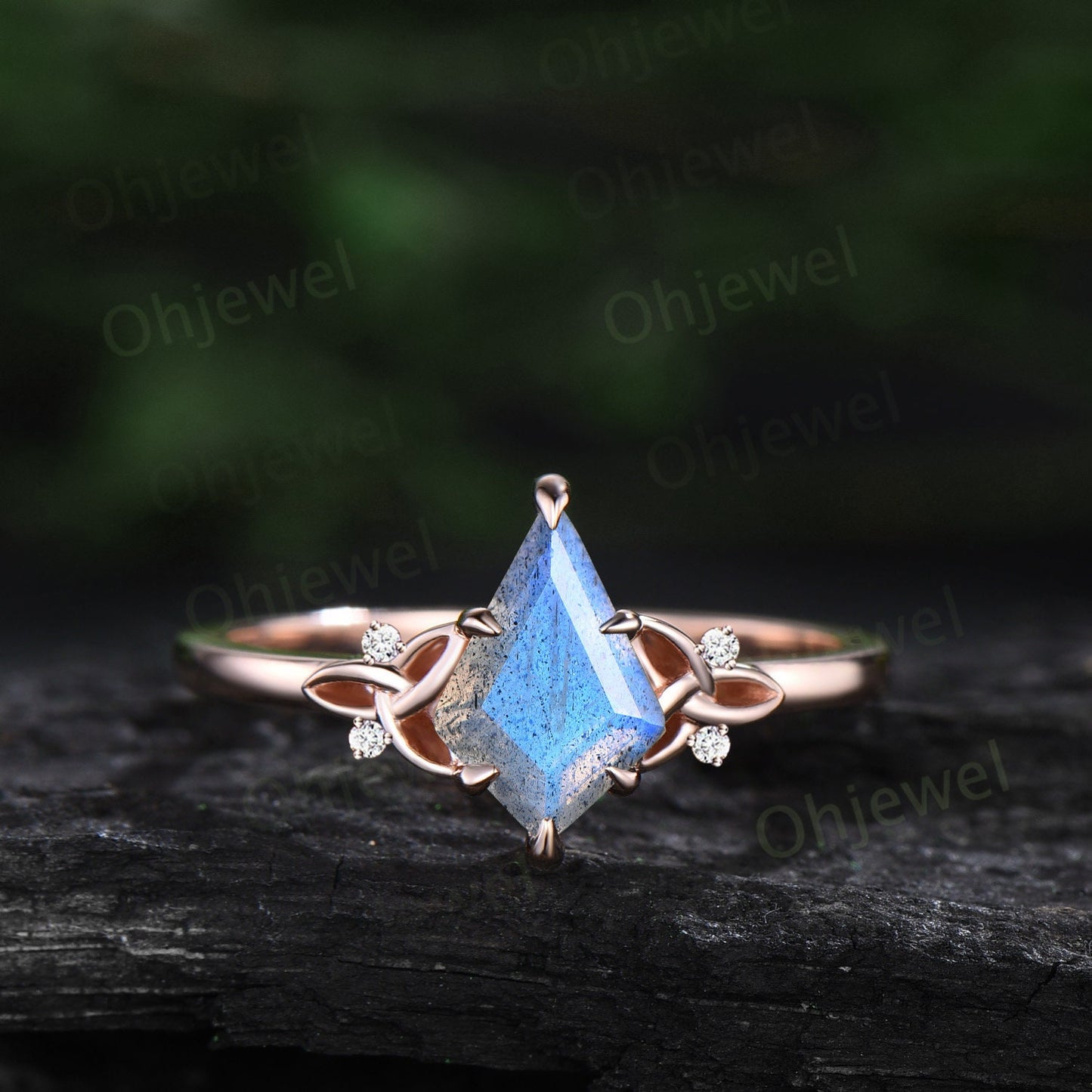 Blue Labradorite ring women vintage Kite cut Labradorite engagement ring set Celtic Knot rose gold cluster diamond ring unique promise ring
