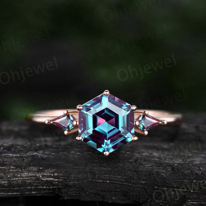 Vintage emerald Alexandrite engagement ring Hexagon cut ring three stone Minimalist ring kite cut emerald ring women dainty promise ring