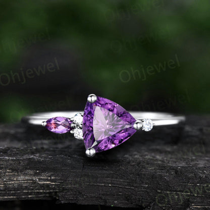 Trillion cut purple amethyst ring dainty unique engagement ring art deco five stone peridot ring women wedding anniversary ring gift