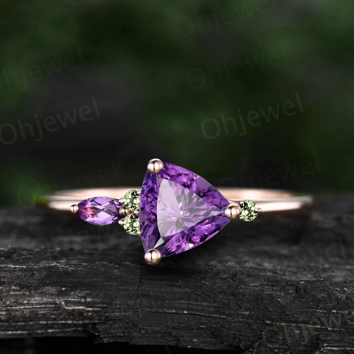 Trillion cut purple amethyst ring dainty unique engagement ring art deco five stone peridot ring women wedding anniversary ring gift