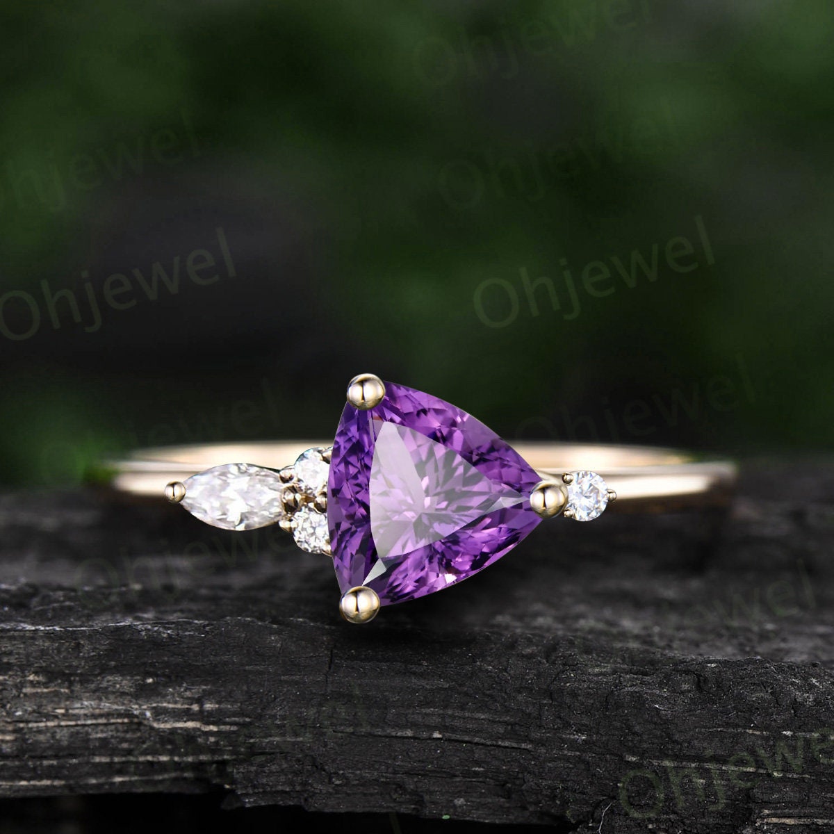 Trillion cut purple amethyst ring dainty unique engagement ring art deco five stone peridot ring women wedding anniversary ring gift