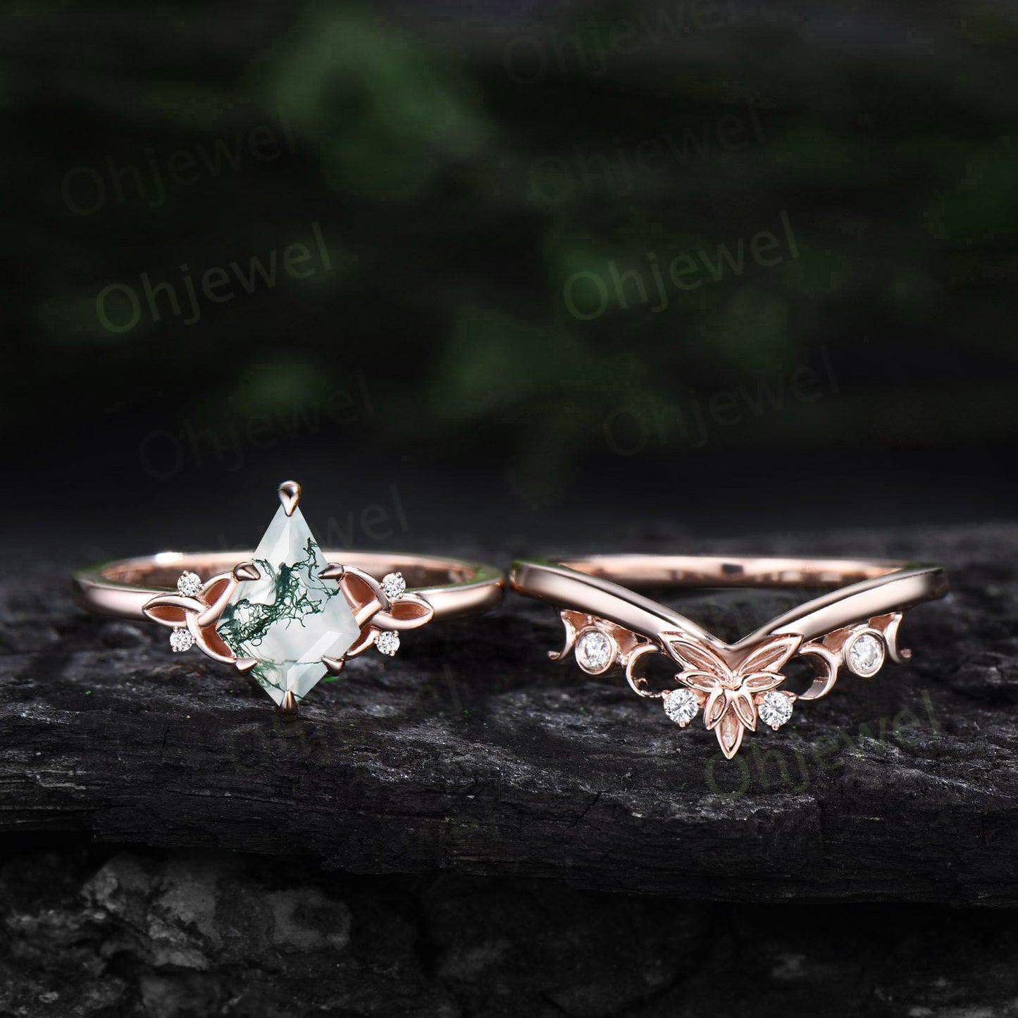 Green moss agate ring women vintage Kite cut moss agate engagement ring Celtic Knot rose gold cluster diamond ring unique promise ring set