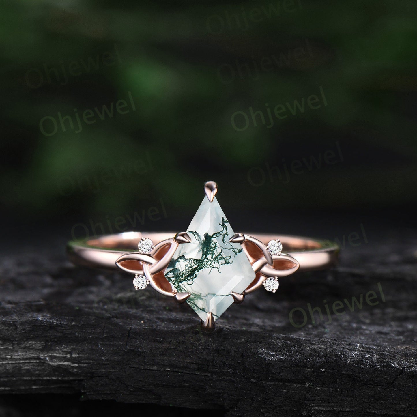 Green moss agate ring women vintage Kite cut moss agate engagement ring Celtic Knot rose gold cluster diamond ring unique promise ring set